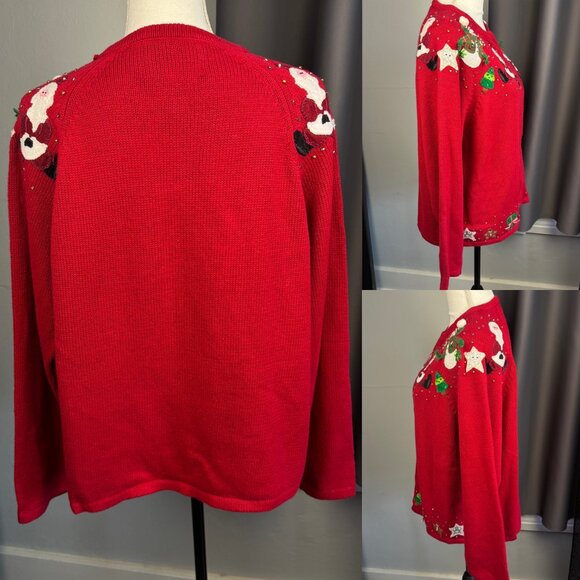 Vtg Red Long Sleeve Ugly Christmas Holiday Sweater Beads Sequins Med Santa Zippe - Picture 7 of 10
